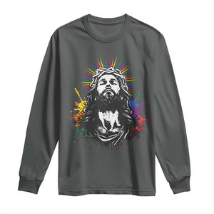 Funny LGBT Gay Pride Jesus Rainbow Flag Christian Long Sleeve Shirt TS11 Dark Heather Print Your Wear