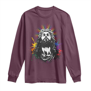 Funny LGBT Gay Pride Jesus Rainbow Flag Christian Long Sleeve Shirt TS11 Maroon Print Your Wear
