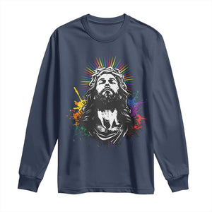 Funny LGBT Gay Pride Jesus Rainbow Flag Christian Long Sleeve Shirt TS11 Navy Print Your Wear