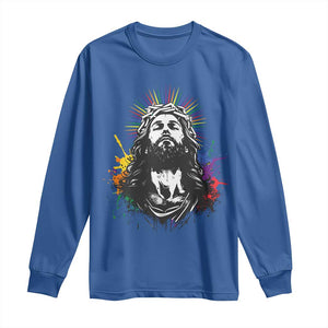 Funny LGBT Gay Pride Jesus Rainbow Flag Christian Long Sleeve Shirt TS11 Royal Blue Print Your Wear