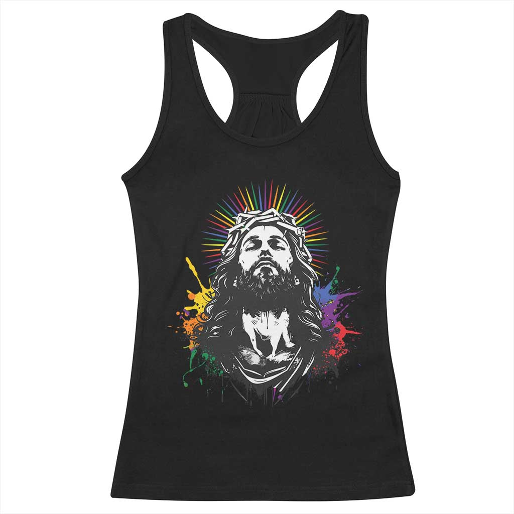 Funny LGBT Gay Pride Jesus Rainbow Flag Christian Racerback Tank Top TS11 Black Print Your Wear