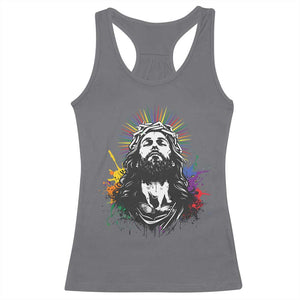 Funny LGBT Gay Pride Jesus Rainbow Flag Christian Racerback Tank Top TS11 Charcoal Print Your Wear