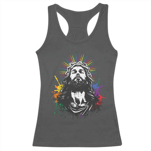Funny LGBT Gay Pride Jesus Rainbow Flag Christian Racerback Tank Top TS11 Dark Heather Print Your Wear