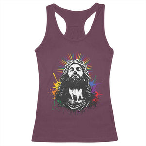 Funny LGBT Gay Pride Jesus Rainbow Flag Christian Racerback Tank Top TS11 Maroon Print Your Wear