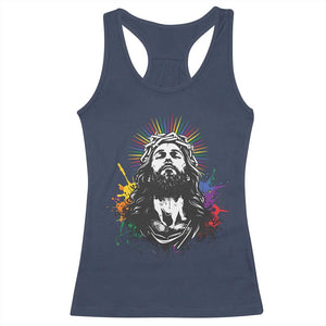 Funny LGBT Gay Pride Jesus Rainbow Flag Christian Racerback Tank Top TS11 Navy Print Your Wear