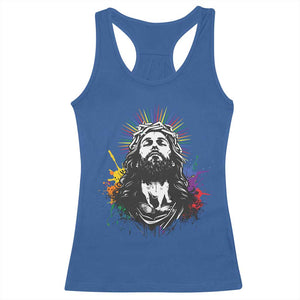 Funny LGBT Gay Pride Jesus Rainbow Flag Christian Racerback Tank Top TS11 Royal Blue Print Your Wear