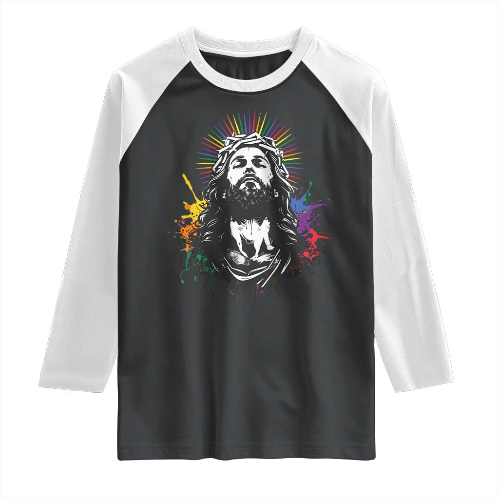 Funny LGBT Gay Pride Jesus Rainbow Flag Christian Raglan Shirt TS11 Black White Print Your Wear