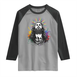 Funny LGBT Gay Pride Jesus Rainbow Flag Christian Raglan Shirt TS11 Sport Gray Black Print Your Wear
