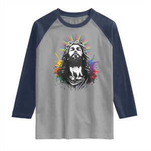 Funny LGBT Gay Pride Jesus Rainbow Flag Christian Raglan Shirt TS11 Sport Gray Navy Print Your Wear