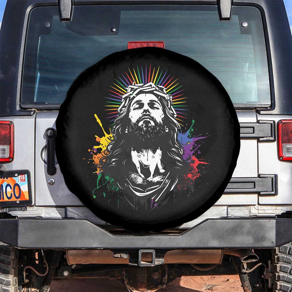 Funny LGBT Gay Pride Jesus Rainbow Flag Christian Spare Tire Cover TS11 No hole Black Print Your Wear