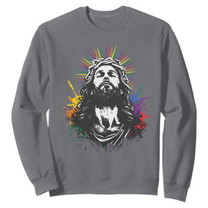 Funny LGBT Gay Pride Jesus Rainbow Flag Christian Sweatshirt TS11 Charcoal Print Your Wear