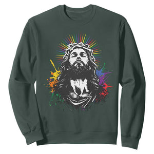 Funny LGBT Gay Pride Jesus Rainbow Flag Christian Sweatshirt TS11 Dark Forest Green Print Your Wear