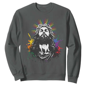 Funny LGBT Gay Pride Jesus Rainbow Flag Christian Sweatshirt TS11 Dark Heather Print Your Wear