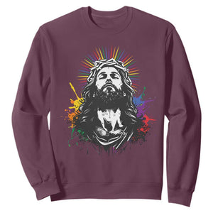 Funny LGBT Gay Pride Jesus Rainbow Flag Christian Sweatshirt TS11 Maroon Print Your Wear