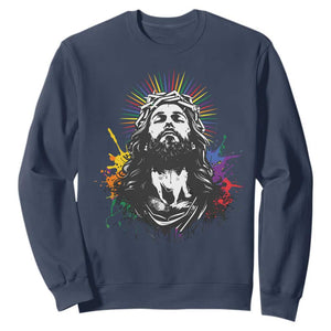 Funny LGBT Gay Pride Jesus Rainbow Flag Christian Sweatshirt TS11 Navy Print Your Wear