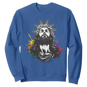 Funny LGBT Gay Pride Jesus Rainbow Flag Christian Sweatshirt TS11 Royal Blue Print Your Wear