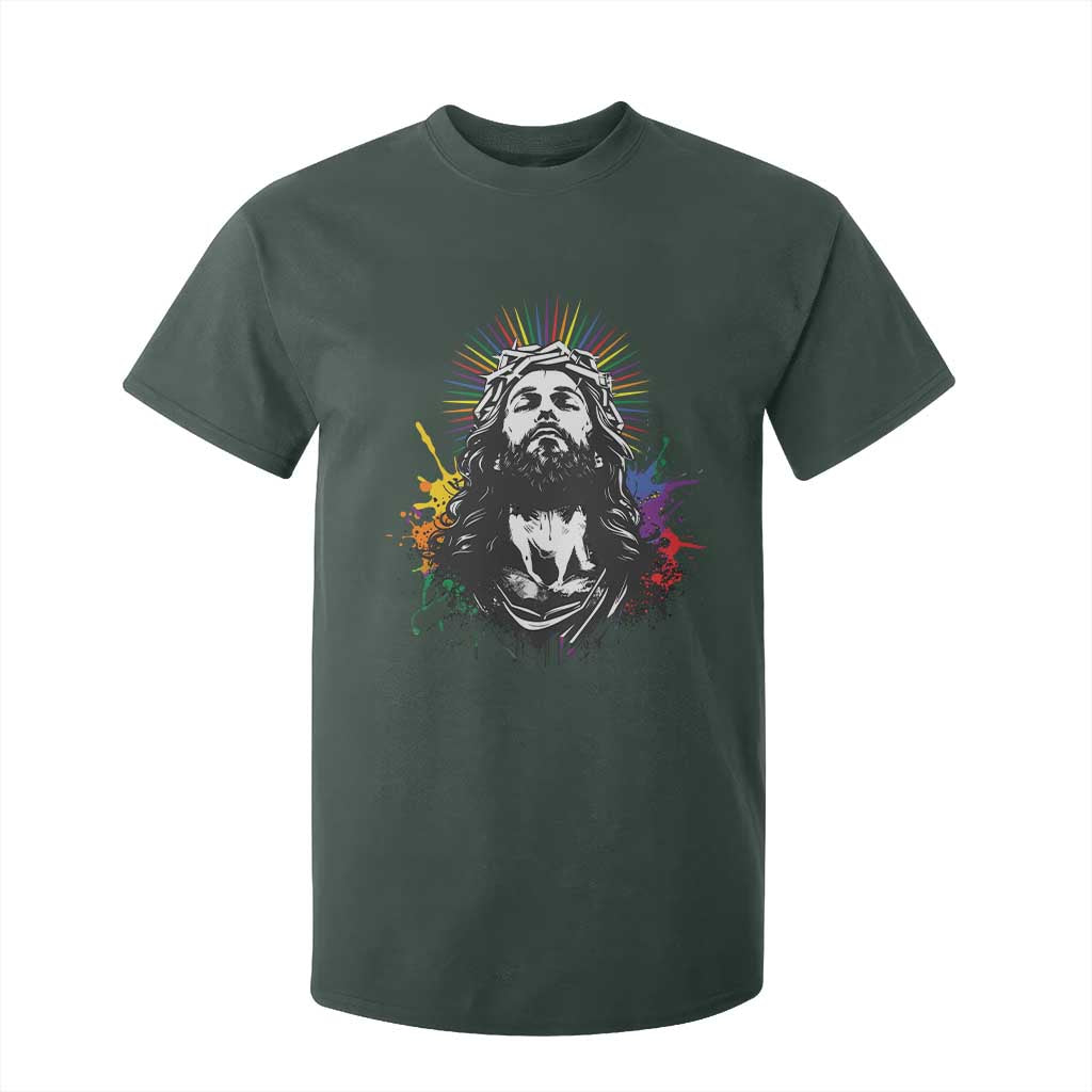 Funny LGBT Gay Pride Jesus Rainbow Flag Christian T Shirt For Kid TS11 Dark Forest Green Print Your Wear
