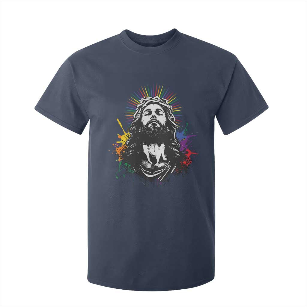 Funny LGBT Gay Pride Jesus Rainbow Flag Christian T Shirt For Kid TS11 Navy Print Your Wear