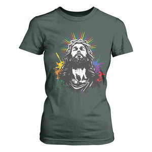 Funny LGBT Gay Pride Jesus Rainbow Flag Christian T Shirt For Women TS11 Dark Forest Green Print Your Wear