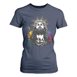 Funny LGBT Gay Pride Jesus Rainbow Flag Christian T Shirt For Women TS11 Navy Print Your Wear