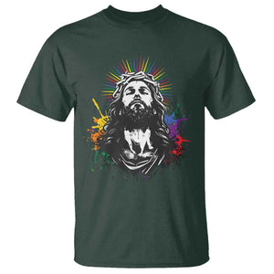 Funny LGBT Gay Pride Jesus Rainbow Flag Christian T Shirt TS11 Dark Forest Green Print Your Wear