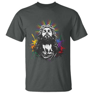Funny LGBT Gay Pride Jesus Rainbow Flag Christian T Shirt TS11 Dark Heather Print Your Wear