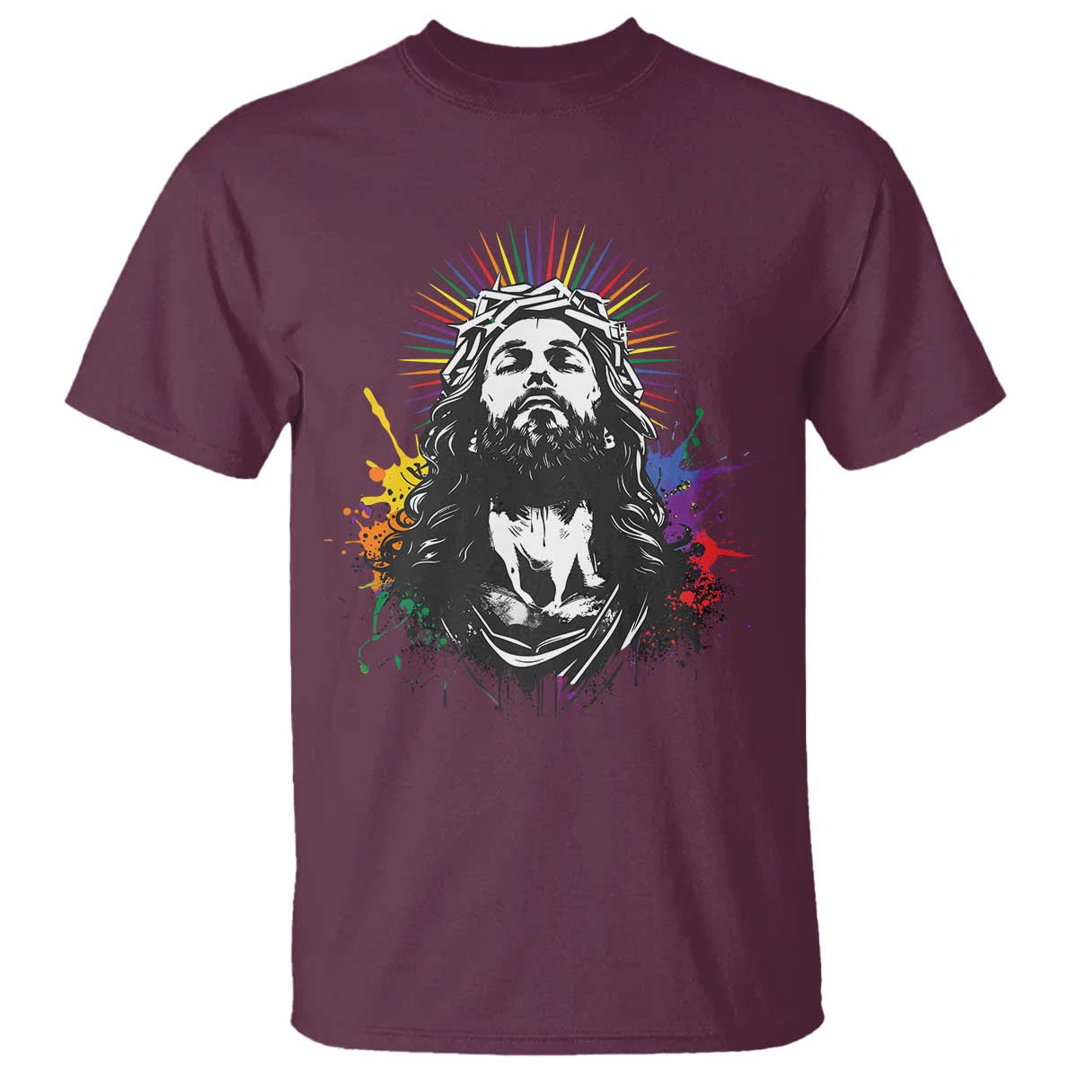 Funny LGBT Gay Pride Jesus Rainbow Flag Christian T Shirt TS11 Maroon Print Your Wear
