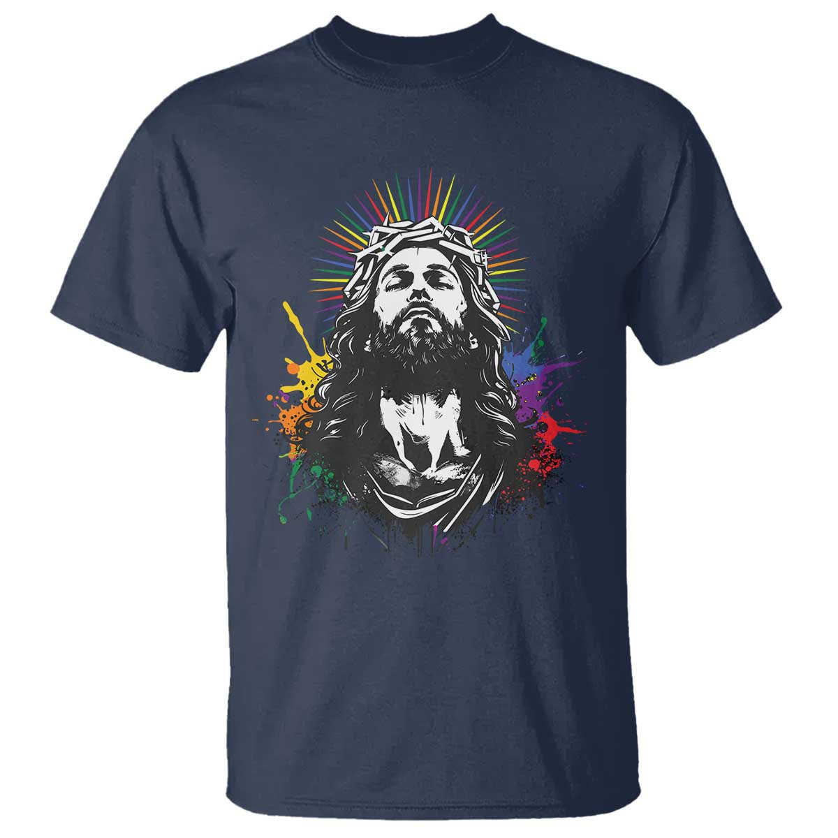 Funny LGBT Gay Pride Jesus Rainbow Flag Christian T Shirt TS11 Navy Print Your Wear