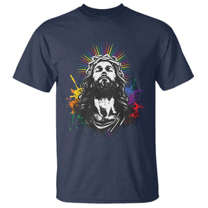 Funny LGBT Gay Pride Jesus Rainbow Flag Christian T Shirt TS11 Navy Print Your Wear