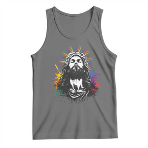 Funny LGBT Gay Pride Jesus Rainbow Flag Christian Tank Top TS11 Black Heather Print Your Wear