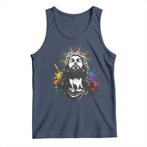 Funny LGBT Gay Pride Jesus Rainbow Flag Christian Tank Top TS11 Navy Print Your Wear