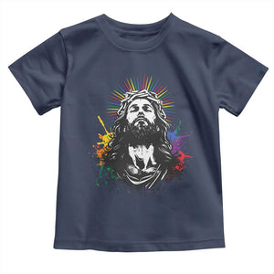 Funny LGBT Gay Pride Jesus Rainbow Flag Christian Toddler T Shirt TS11 Navy Print Your Wear