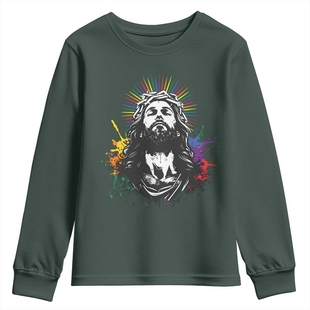 Funny LGBT Gay Pride Jesus Rainbow Flag Christian Youth Sweatshirt TS11 Dark Forest Green Print Your Wear