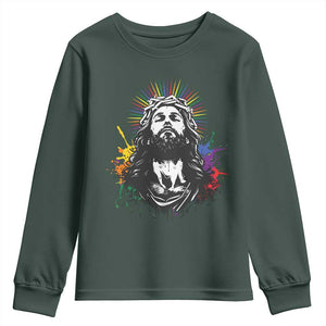 Funny LGBT Gay Pride Jesus Rainbow Flag Christian Youth Sweatshirt TS11 Dark Forest Green Print Your Wear