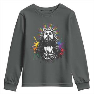 Funny LGBT Gay Pride Jesus Rainbow Flag Christian Youth Sweatshirt TS11 Dark Heather Print Your Wear
