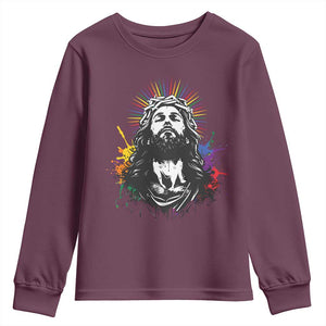 Funny LGBT Gay Pride Jesus Rainbow Flag Christian Youth Sweatshirt TS11 Maroon Print Your Wear