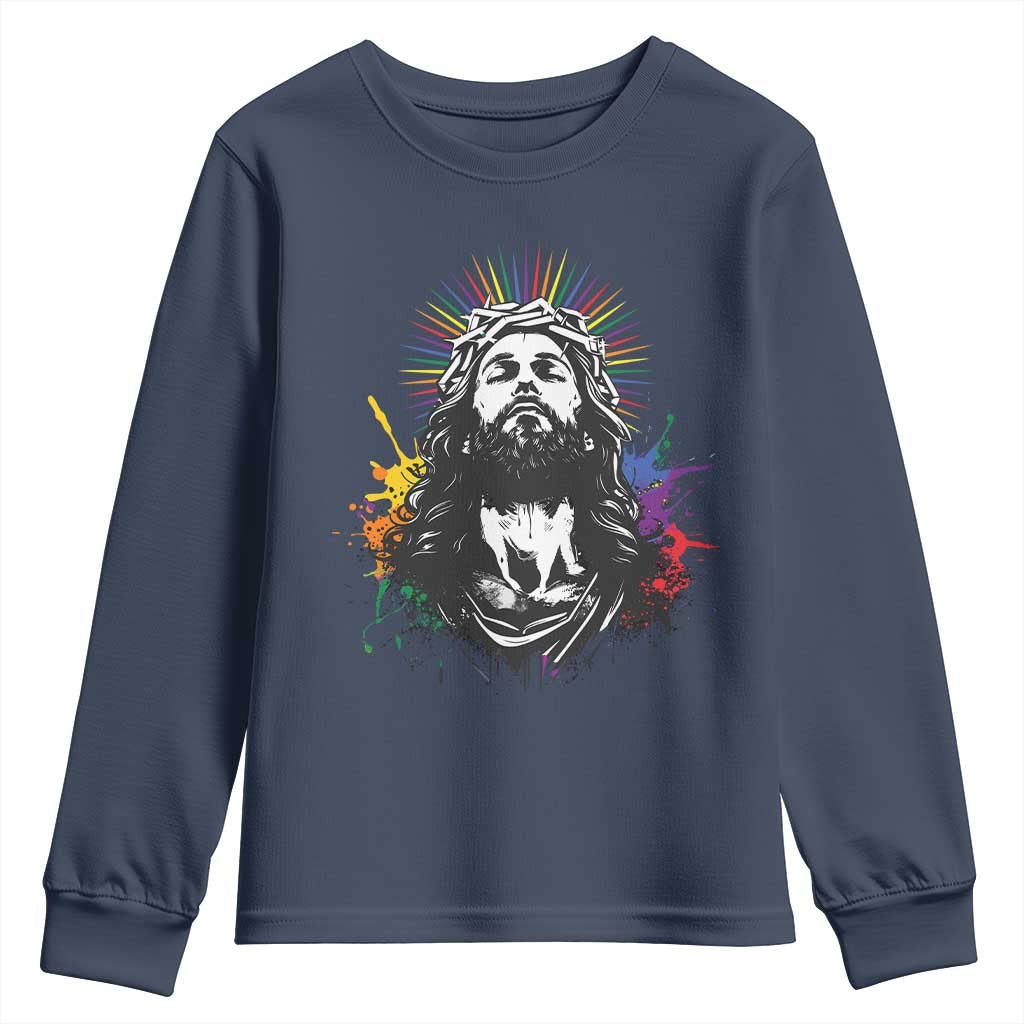Funny LGBT Gay Pride Jesus Rainbow Flag Christian Youth Sweatshirt TS11 Navy Print Your Wear