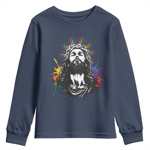 Funny LGBT Gay Pride Jesus Rainbow Flag Christian Youth Sweatshirt TS11 Navy Print Your Wear