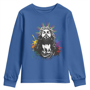 Funny LGBT Gay Pride Jesus Rainbow Flag Christian Youth Sweatshirt TS11 Royal Blue Print Your Wear