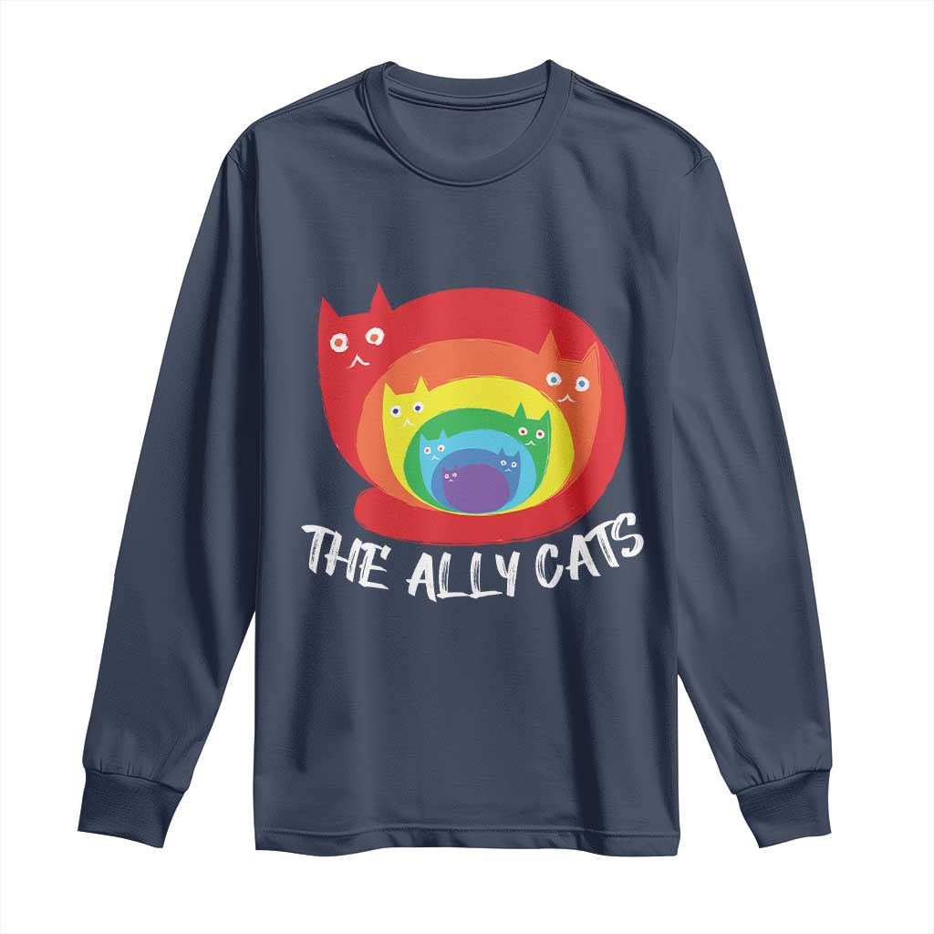 Funny LGBT The Ally Cats Long Sleeve Shirt Pride Month Rainbow Cat TS11 Navy Print Your Wear