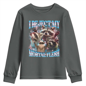 Funny LGBT Trans Pride Youth Sweatshirt I Reject My Mortal Flesh Transgender Racoon Bootleg TS10 Dark Heather Print Your Wear