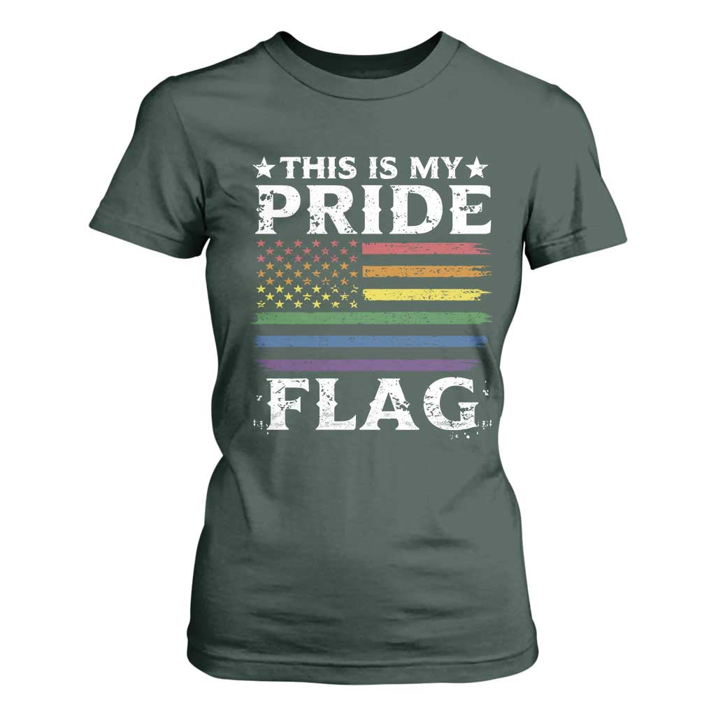 Funny LGBTQ This Is My Pride Flag T Shirt For Women Rainbow American Flag TS11 Dark Forest Green Print Your Wear