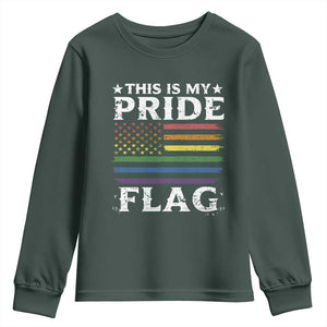 Funny LGBTQ This Is My Pride Flag Youth Sweatshirt Rainbow American Flag TS11 Dark Forest Green Print Your Wear