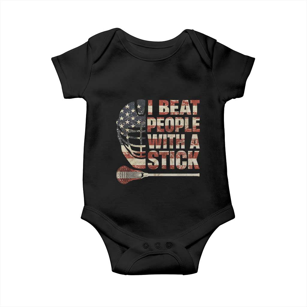 Funny Lacrosse Lax Baby Onesie I Beat People With A Stick Vintage American Flag TS11 Black Print Your Wear