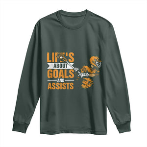Funny Lacrosse Lax Player Long Sleeve Shirt Life's About Goals And Assists TS11 Dark Forest Green Print Your Wear