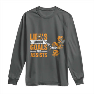 Funny Lacrosse Lax Player Long Sleeve Shirt Life's About Goals And Assists TS11 Dark Heather Print Your Wear