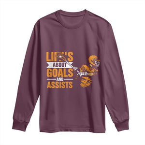Funny Lacrosse Lax Player Long Sleeve Shirt Life's About Goals And Assists TS11 Maroon Print Your Wear