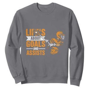Funny Lacrosse Lax Player Sweatshirt Life's About Goals And Assists TS11 Charcoal Print Your Wear