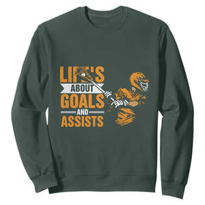 Funny Lacrosse Lax Player Sweatshirt Life's About Goals And Assists TS11 Dark Forest Green Print Your Wear