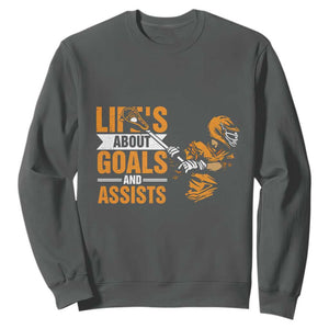 Funny Lacrosse Lax Player Sweatshirt Life's About Goals And Assists TS11 Dark Heather Print Your Wear